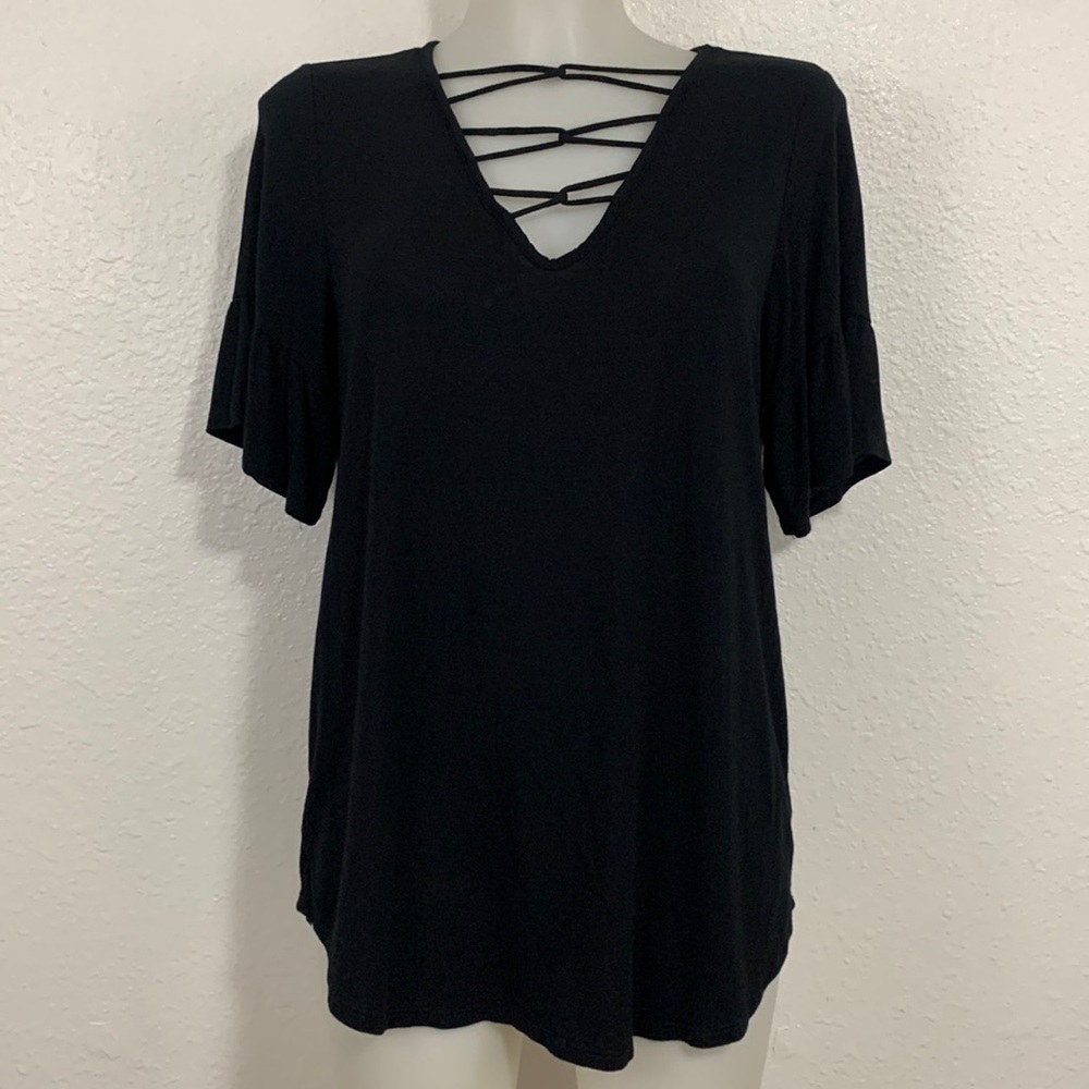 7th Ray Black Jersey Knit Crisscross Bell Sleeve Blouse Size L
